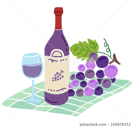 Wine, glasses and grapes placed on a cloth, hand drawn stylish illustration with colored pencil texture Wine, glasses and grapes placed on a cloth, hand drawn stylish illustration with colored pencil texture 108976352