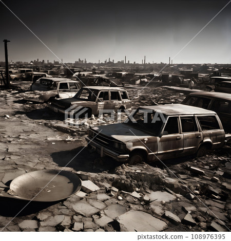 A group of old cars in a junk yard. 108976395