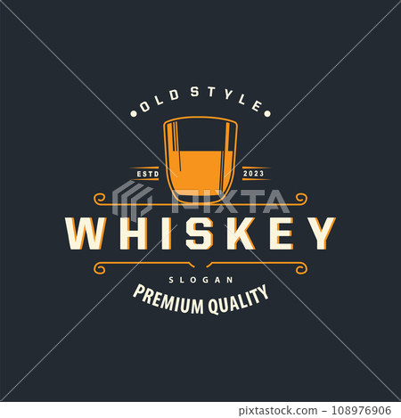 Whiskey Logo, Drink Label Design With Old Retro Vintage Ornament Illustration Premium Template 108976906
