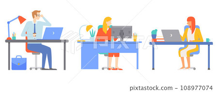 Office people worker. Vector illustration. Corporate management ensures effective coordination among office workers Meetings are integral part office work, promoting collaboration and communication 108977074