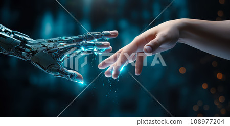 Human finger touching Robot finger. Harmonious coexistence of AI technology and humans Concept. Generative Ai. 108977204