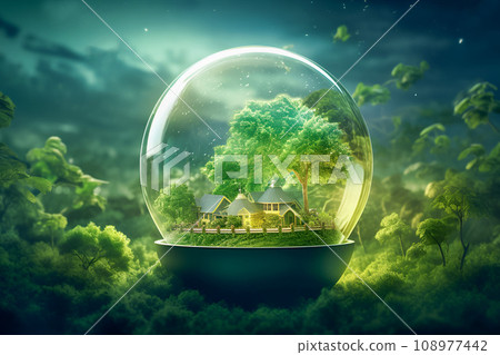 Glass sphere with green world in it. Eco-system and bio energy Glass sphere with green world in it. Eco-system and bio energy 108977442