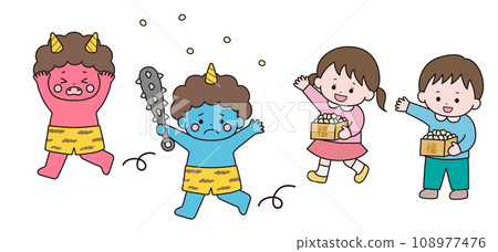 Illustration of a running demon and a child throwing beans Illustration of a running demon and a child throwing beans 108977476