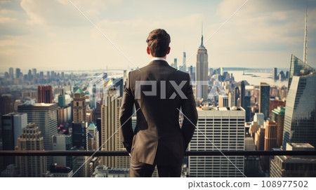 一個穿著西裝的男人從建築物的屋頂看城市：人工智慧的工作 108977502
