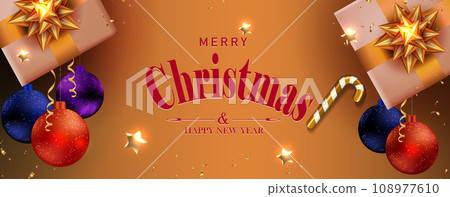 Christmas brown illustration, gift boxes with golden bow and colorful balls Christmas brown illustration, gift boxes with golden bow and colorful balls 108977610