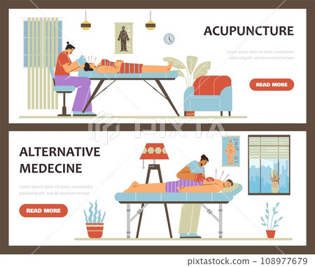 Acupuncture therapy using needles banners or flyers, flat vector illustration. 108977679