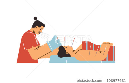 Acupuncture treatment vector illustration, acupuncturist inserts needles into the face of patient, oriental medicine Acupuncture treatment vector illustration, acupuncturist inserts needles into the face of patient, oriental medicine 108977681