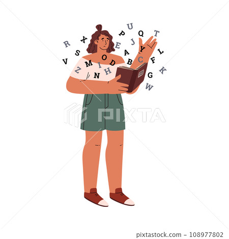 Difficulties learning and dyslexia vector concept, woman difficulty in reading, disappointed student with scattered letters Difficulties learning and dyslexia vector concept, woman difficulty in reading, disappointed student with scattered letters 108977802