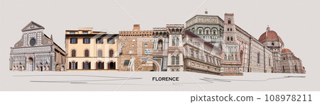Collage of landmarks of Florence, Italy. Basilica of Santa Maria del Fiore or Basilica of Saint Mary of the Flower in Florence, Italy. Art design 108978211