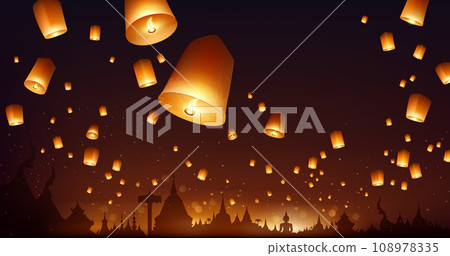 Floating lantern, Yi Peng lantern festival in Chiang Mai thailand, banner poster design at night background Floating lantern, Yi Peng lantern festival in Chiang Mai thailand, banner poster design at night background 108978335