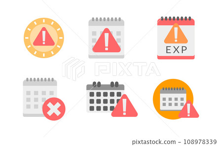 Clock or calendar exclamation alert icon collection set. Reminder schedule with exclamation sign deadline. Expired date symbol concept for date expire or deadline schedule Illustration vector 108978339