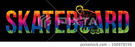 Skateboard Text Designed with Skateboarder Action Extreme Sport Cartoon Graphic Vector Skateboard Text Designed with Skateboarder Action Extreme Sport Cartoon Graphic Vector 108978556