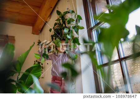 Portrait of beautiful young girl at home, standing in the middle of interior plants, hiding in them. 108978647