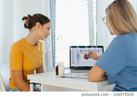 Teenage girl discussing test results with paediatrician. Doctor prescribing medication to ill young girl. Concept of preventive health care for adolescents. 108978926