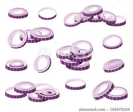 A set of red onions. Onion rings. Isolated vector illustration. A set of red onions. Onion rings. Isolated vector illustration. 108979204