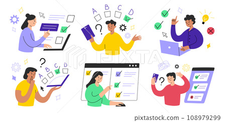 Students take online exam, cartoon characters take internet tests, hand drawn set of compositions with examination or survey, scene set with computers and cell phones, vector illustration of education Students take online exam, cartoon characters take internet tests, hand drawn set of compositions with examination or survey, scene set with computers and cell phones, vector illustration of education 108979299