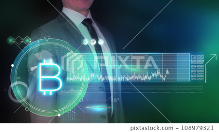 Businessman and infographics about bitcoin in augmented reality. 108979321