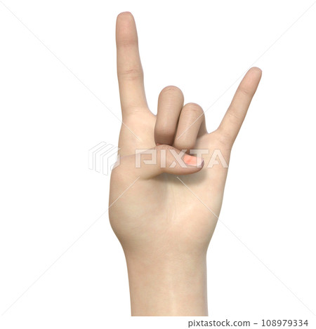 Hand sign with index finger and pinky finger up, 3D illustration of palm front Hand sign with index finger and pinky finger up, 3D illustration of palm front 108979334