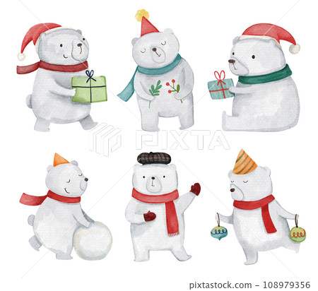 Polar bear . Christmas theme . Watercolor paint cartoon characters . Isolated . Set 2 of 4 . illustration . Polar bear . Christmas theme . Watercolor paint cartoon characters . Isolated . Set 2 of 4 . illustration . 108979356