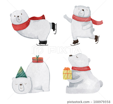 Polar bear . Christmas theme . Watercolor paint cartoon characters . Isolated . Set 3 of 4 . illustration . Polar bear . Christmas theme . Watercolor paint cartoon characters . Isolated . Set 3 of 4 . illustration . 108979358