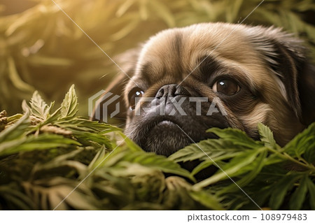 A small Pekingese in a marijuana leaf on the background of the sky. A small Pekingese in a marijuana leaf on the background of the sky. 108979483