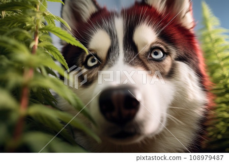 Siberian husky sniffs leaves from marijuana bushes. Siberian husky sniffs leaves from marijuana bushes. 108979487