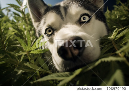 Siberian husky sniffs leaves from marijuana bushes. Siberian husky sniffs leaves from marijuana bushes. 108979490