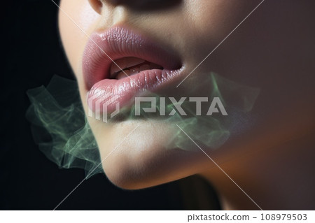 Close up of a girl's lips with smoke and a stack of marijuana. 108979503