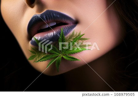A cannabis leaf under the girl's lower lip. A cannabis leaf under the girl's lower lip. 108979505