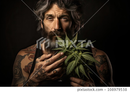 a man holds a top of a marijuana bush in his hands. a man holds a top of a marijuana bush in his hands. 108979538