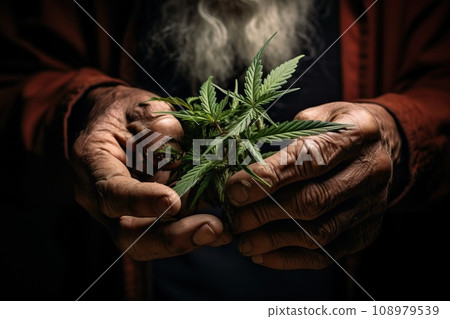a man holds a top of a marijuana bush in his hands. 108979539