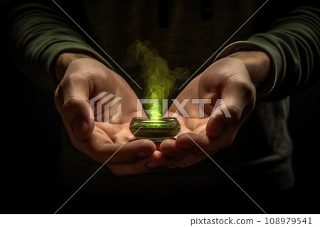 The man is holding a small plate with cooked marijuana in his hands, from which green smoke is coming. The man is holding a small plate with cooked marijuana in his hands, from which green smoke is coming. 108979541