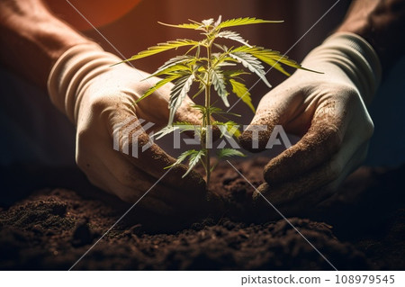 A man is holding a small bush of marijuana for planting in the ground. 108979545
