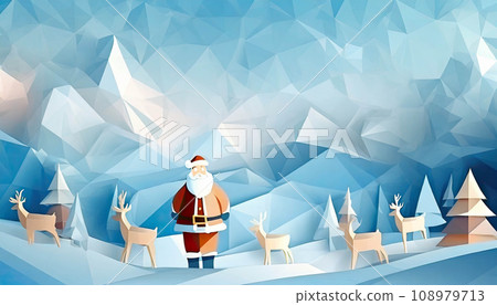 Santa Claus in snow landscape with reindeers low poly, ai generated 108979713