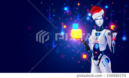 Beautiful robot woman in Santa Claus hat holds gifts in her hands. AI in image of cyborg woman or internet chat bot gives gifts for Christmas, New Year to customers of online store. Christmas shopping Beautiful robot woman in Santa Claus hat holds gifts in her hands. AI in image of cyborg woman or internet chat bot gives gifts for Christmas, New Year to customers of online store. Christmas shopping 108980259