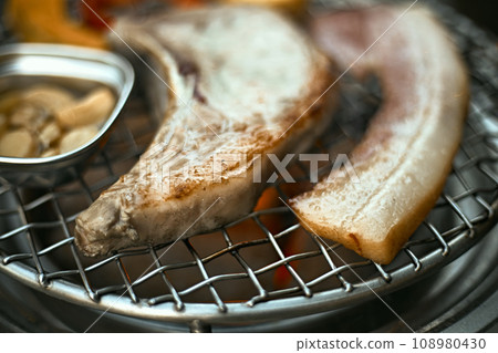 Meat And Vegetables On Barbecue Grill Stove Meat And Vegetables On Barbecue Grill Stove 108980430