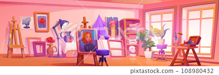 Art studio room interior with painting tools 108980432