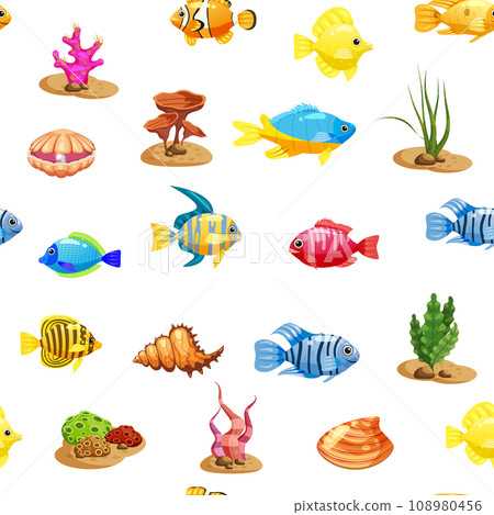 Seamless pattern Tropical fishes, shells, seaweed cartoon. Cute funny underwater characters 108980456