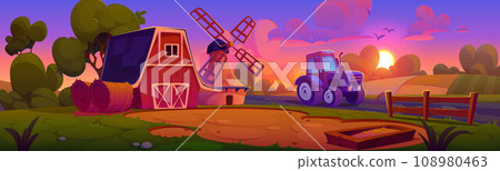 Cartoon farm landscape on sunset with barn Cartoon farm landscape on sunset with barn 108980463