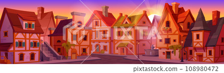 Medieval german city street at sunset or sunrise. Medieval german city street at sunset or sunrise. 108980472