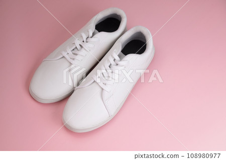 Closeup view of clean white sneakers Closeup view of clean white sneakers 108980977