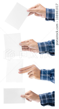Set of human hand holding ballot paper for election vote 108981017