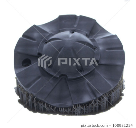 Black abstract object printed on 3D printer from photopolymer isolated on white background. SLA. Model 3D printed from liquid resins. Progressive additive 3D printer printing technology. Sla-printing. 108981234