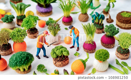 miniature figures of people working in garden harvesting vegetables, urban gardening concept   ,ai generated 108981250