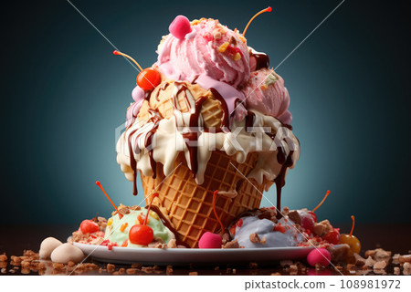 Creamy ice cream in a waffle cone with berries on a plate 108981972