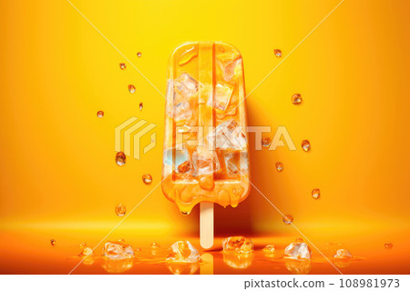 Ice lolly cream with pieces of fruit on a yellow background 108981973