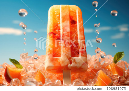 Ice lolly cream with pieces of fruit on the table. Summer dessert Ice lolly cream with pieces of fruit on the table. Summer dessert 108981975