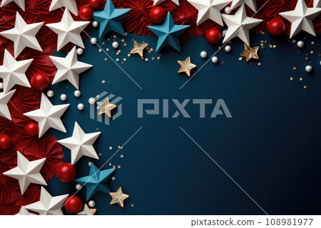 American Independence day background with blue, white and red mixed stars. Celebration of USA independence day, the 4th of July. Holiday card concept. Top view. Copy space American Independence day background with blue, white and red mixed stars. Celebration of USA independence day, the 4th of July. Holiday card concept. Top view. Copy space 108981977