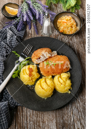 Fried cod fillet served. Fried cod fillet served. 108982307