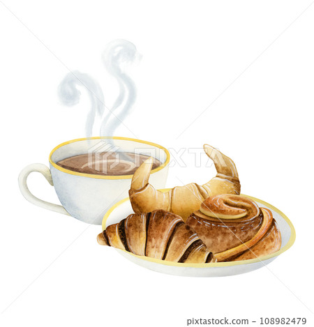 Pastry plate with butter and chocolate French croissant, rolled cinnamon bun and hot coffee cup watercolor illustration isolated on white background for snack and breakfast Pastry plate with butter and chocolate French croissant, rolled cinnamon bun and hot coffee cup watercolor illustration isolated on white background for snack and breakfast 108982479